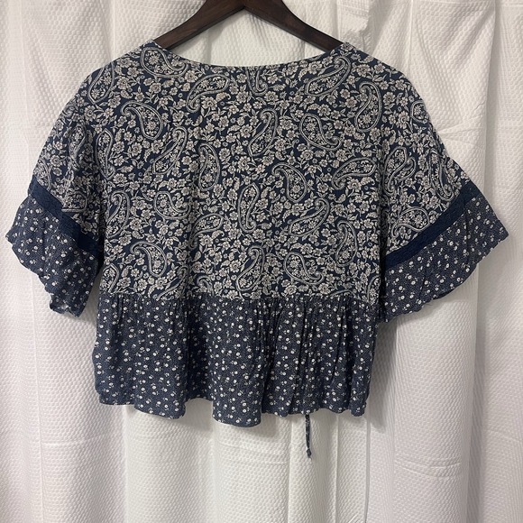 American Eagle Medium Blue Floral Women's Cottagecore Boho Babydoll Crop Peasant - Picture 2 of 8